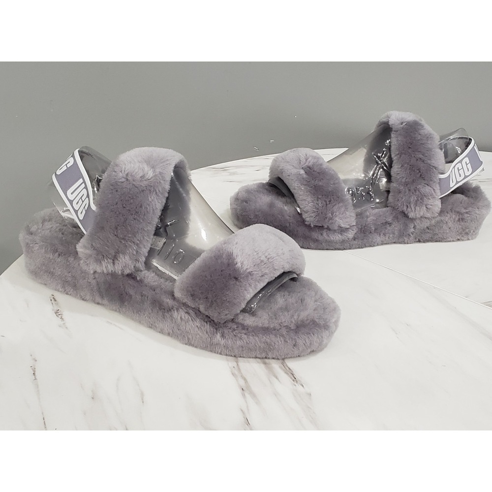 NEW UGG OH YEAH SLIDE SIZE 10‎ Sheepskin Slipper 1107953 GRAY SPELL OUT STRAP
